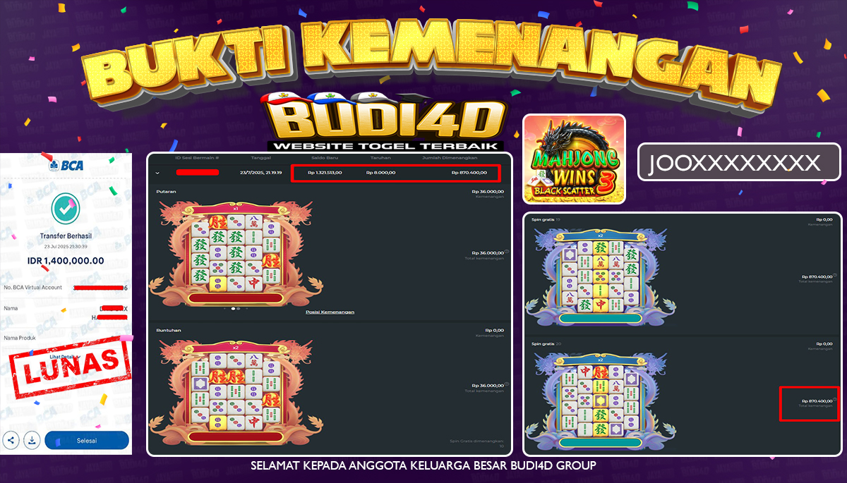 BUDI4D JACKPOT SLOT PRAGMATIC MAHJONG WINS 3 - BLACKSCATTER Rp.1.400.000,- LUNAS